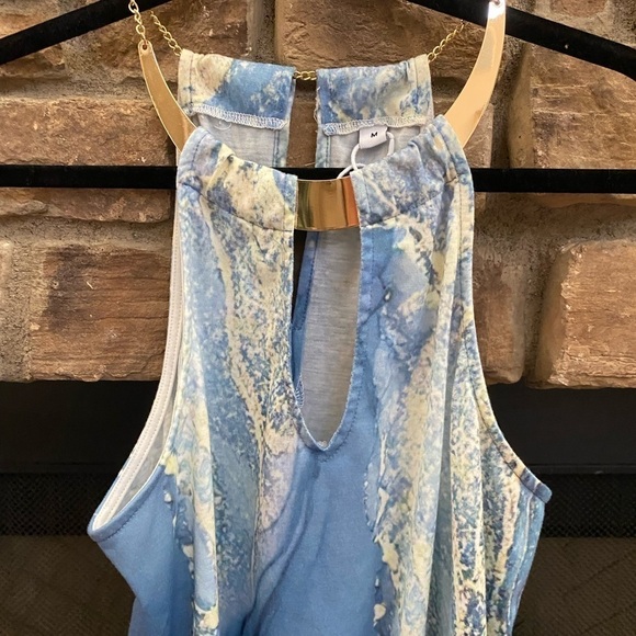 Gorgeous blue and gold racer back sundress with gold collar. - Picture 2 of 9